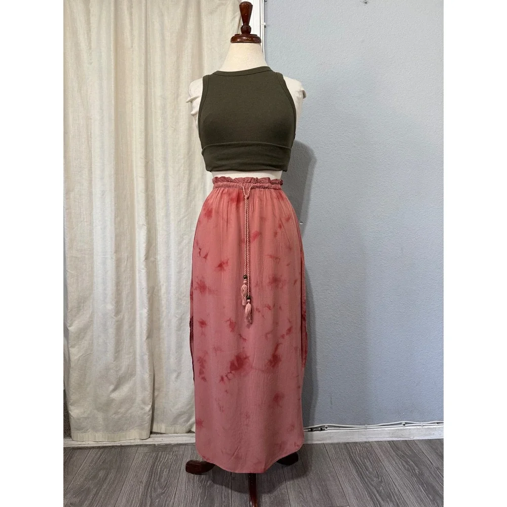 BB Dakota Tie Dye Pink Boho Flowy High Waist Slit Midi Skirt S‎ Elastic Waist